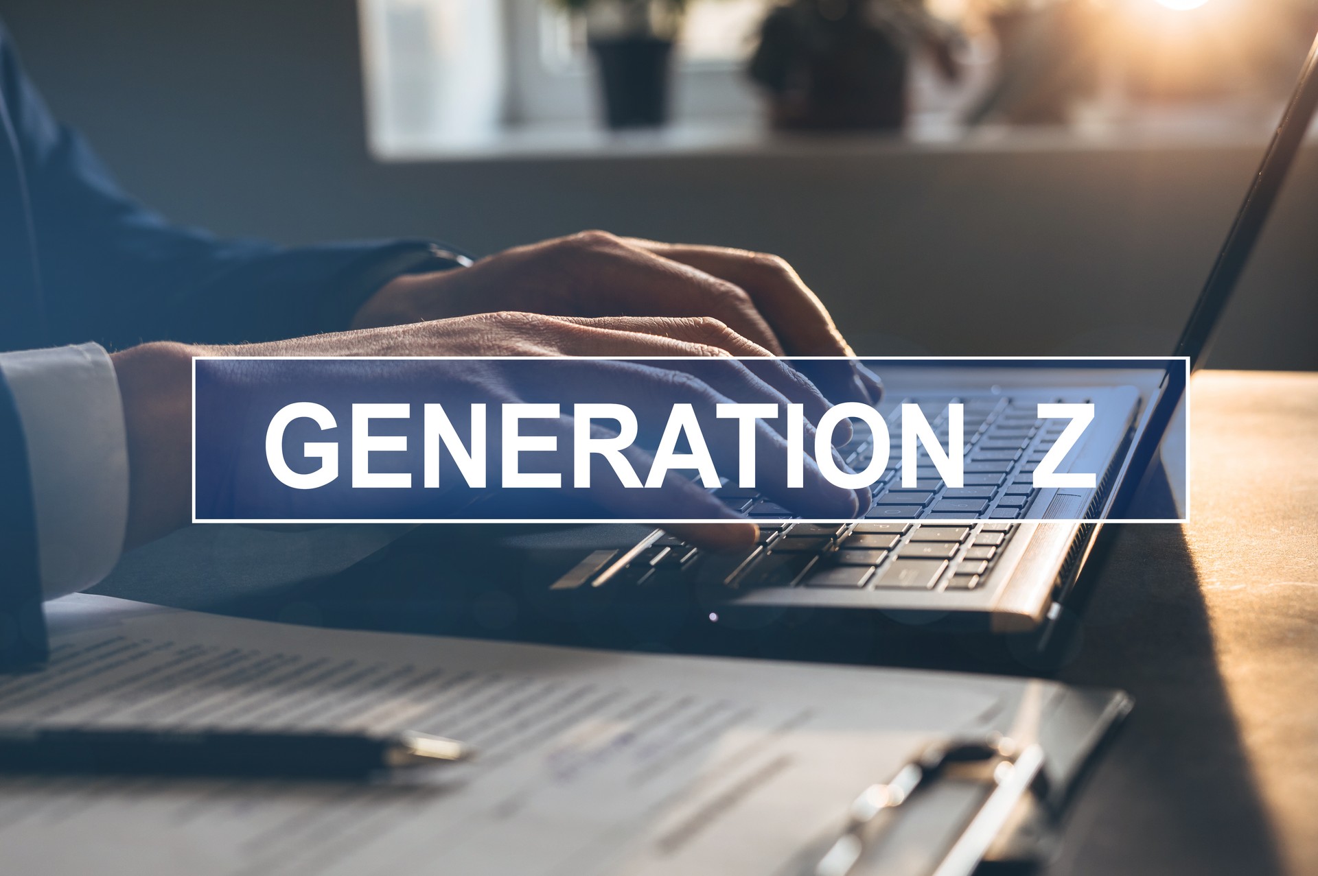 Young businessman working on laptop. Concept of Generation Z